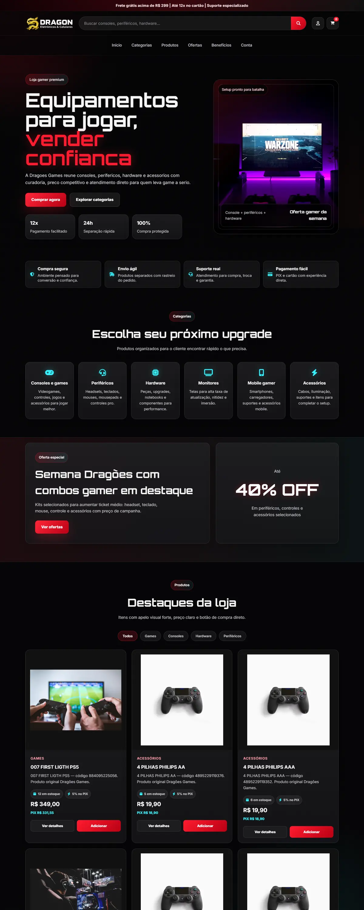 Prévia da loja Dragão Eletrônicos no computador