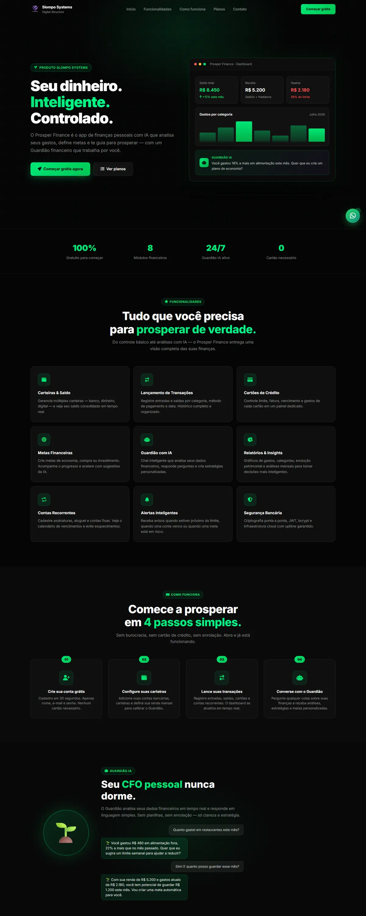 Página do Prosper Finance AI com painel de saldo e gastos