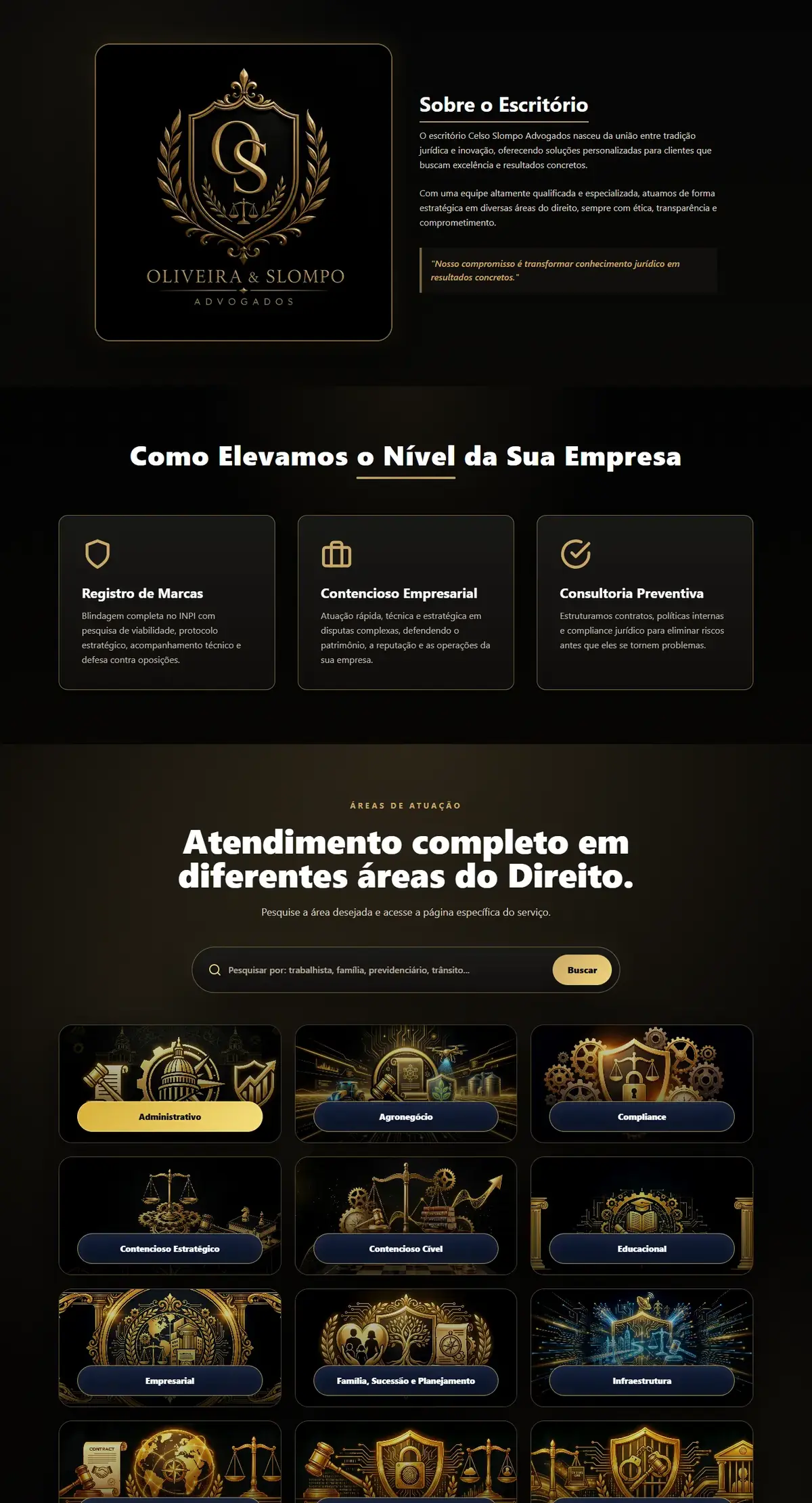 Site Oliveira e Slompo Advogados com áreas de atuação ilustradas